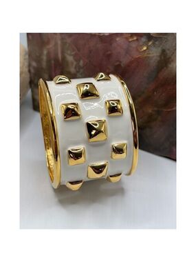 Kenneth Jay Lane Polished Gold 22K Goldplated & White Enamel Pyramid Wide Cuff